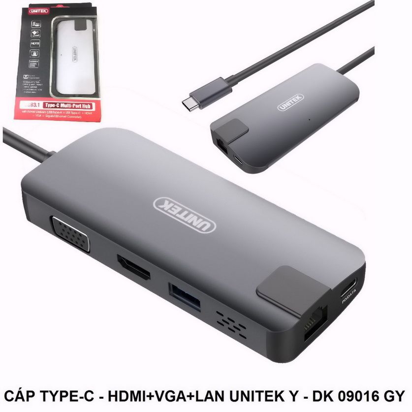 Bộ chia/ Hub Type-C -> HDMI +VGA+LAN Unitek Y-DK 09016 GY