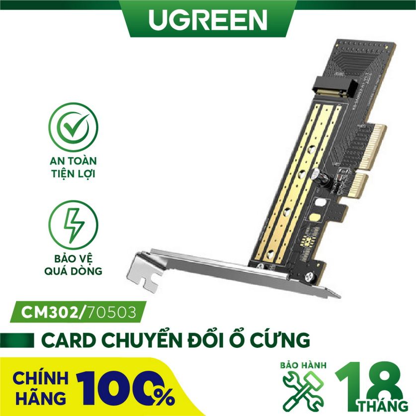 Card PCIe ổ cứng M.2 SATA NVMe Ugreen 70503 hỗ trợ M-Key, 2230/2242/2260/2280, tốc độ 32Gbps.