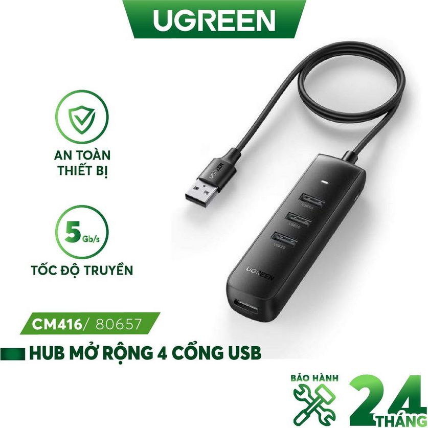 Bộ chia 4 cổng USB 3.0 Ugreen 80657 (Dài 1m, Màu đen)