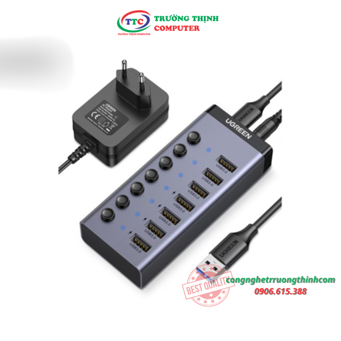 Bộ HUB chia 7 cổng USB 3.0 5Gbps vỏ nhôm, công tắc Ugreen 90307 (kèm nguồn 12V2A - chân tròn)