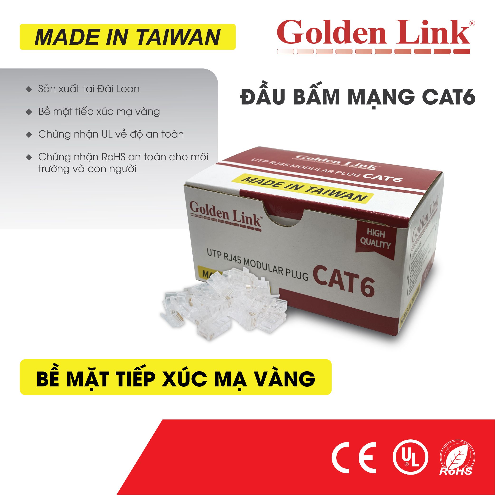 ĐẦU BẤM MẠNG RJ45 GOLDEN LINK CAT6 UTP MADE IN TAIWAN - P8001TW