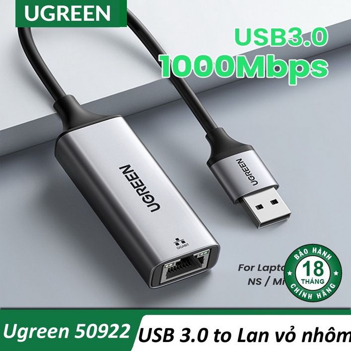 Cáp chuyển đổi USB 3.0 to Lan cao cấp Ugreen 50922 tốc độ đường truyền Gigabit 10/100/1000Mbps