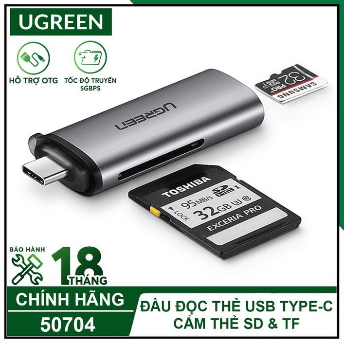 Đầu đọc thẻ nhớ USB type-C cho thẻ SD/TF chính hãng Ugreen 50704