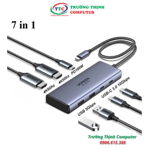 Hub chuyển đổi 7 in 1 USB Type-C sang HDMI 4K@60Hz, Type-C, USB 3.0, SD/TF Sạc PD 100W Ugreen 45379