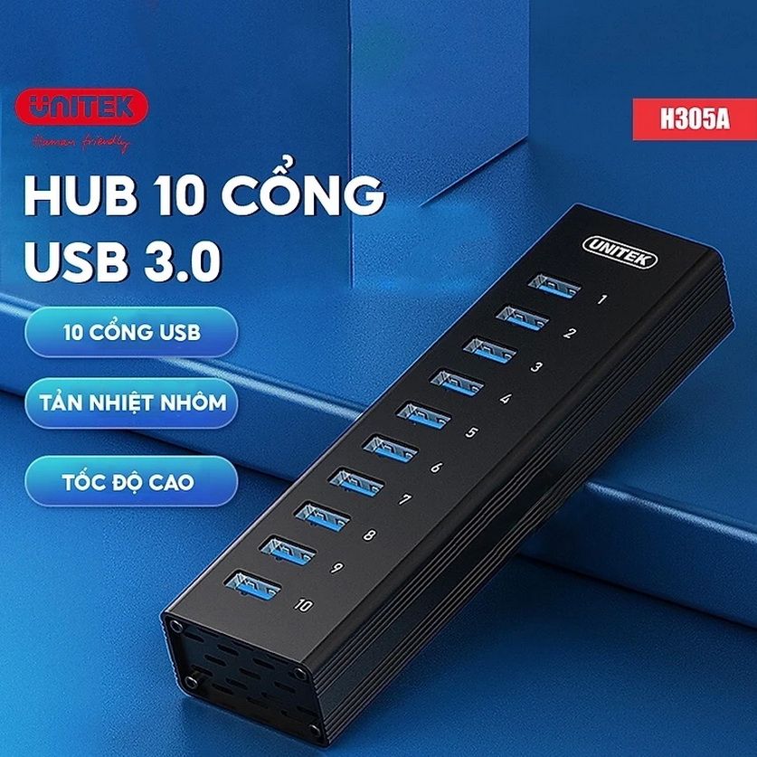 Bộ chia Hub USB 3.0 10 port tốc độ 5 Gbps Nguồn 5V4A Unitek H305A - Hàng chính hãng