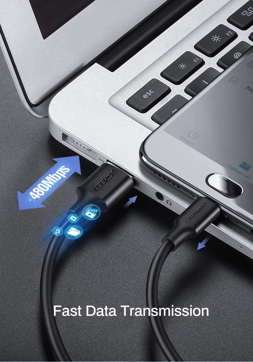 Cáp sạc micro USB 2.0 dài 0.25m bọc dù sạc 2.4a QC3.0 Ugreen 60144