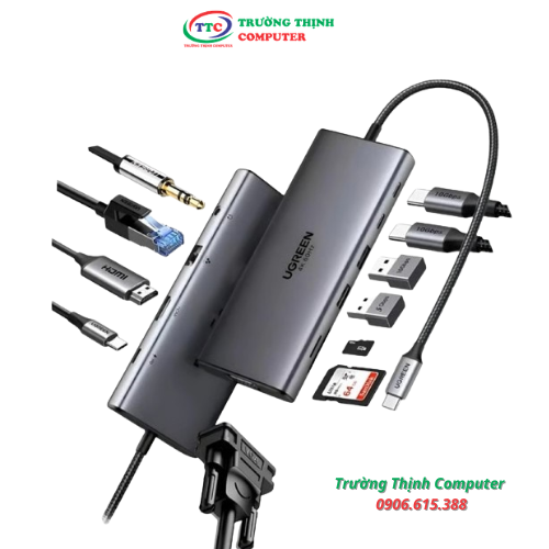 Hub Type C 11 cổng Ugreen 45520 – Bộ chuyển mở rộng cổng USB-C đa năng hỗ trợ 4K@60Hz HDMI, VGA 1080p, PD 100W, Ethernet, USB-A/C 10Gbps, khe thẻ SD/TF, jack 3.5mm