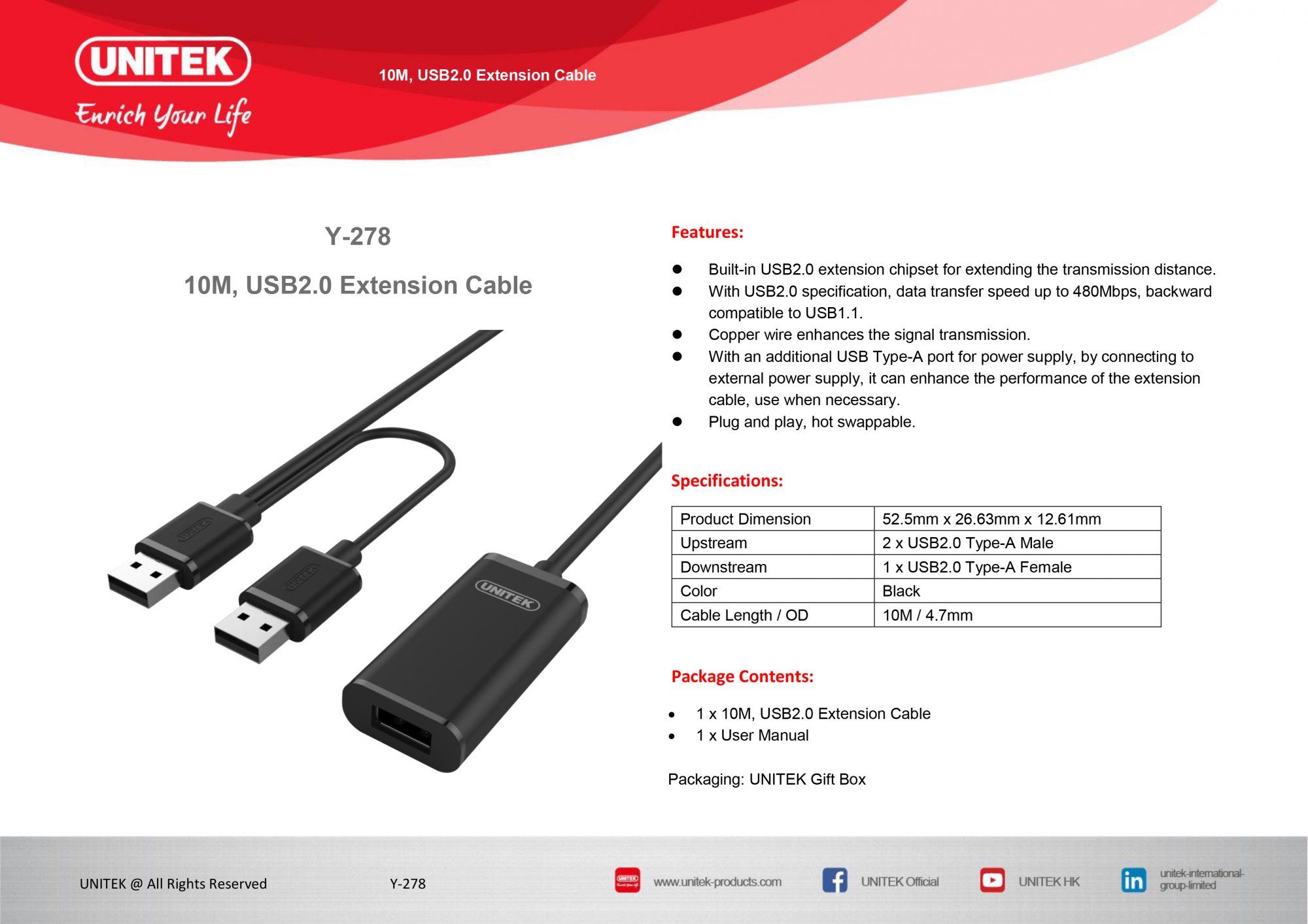 CÁP USB NỐI DÀI 2.0 - 10M EXTENSION UNITEK (Y-278)