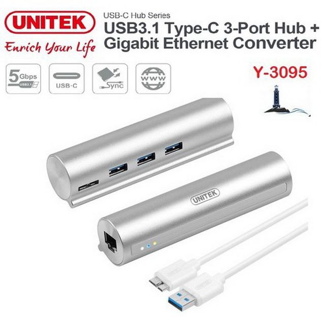 Bộ chia USB Type-C ra 3 cổng USB 3.0 + Lan Unitek Y-3095