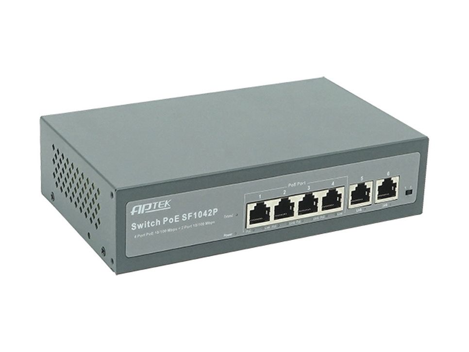 APTEK SF1042P - Switch 6 cổng (2 cổng Uplink) PoE chuyên dụng cho IP camera, Wi-Fi AP, IP Phone