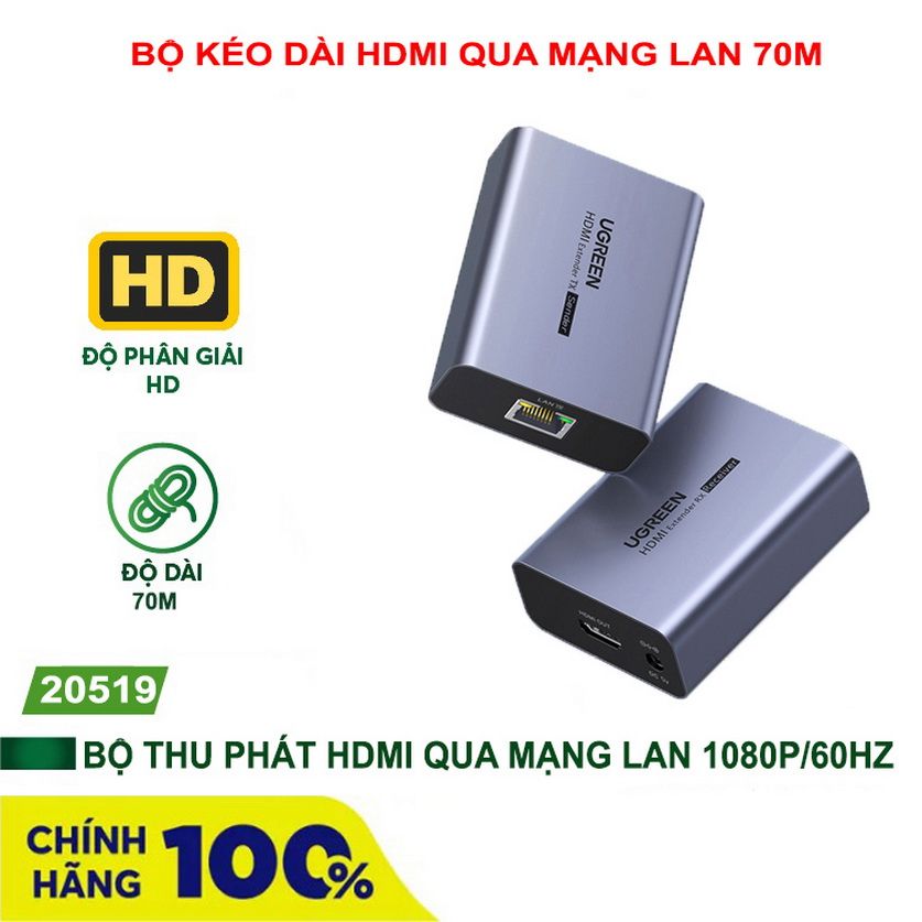 Thiết bị kéo dài HDMI 70m qua cáp Lan Cat5/6 1080@60Hz Ugreen 20519 cao cấp