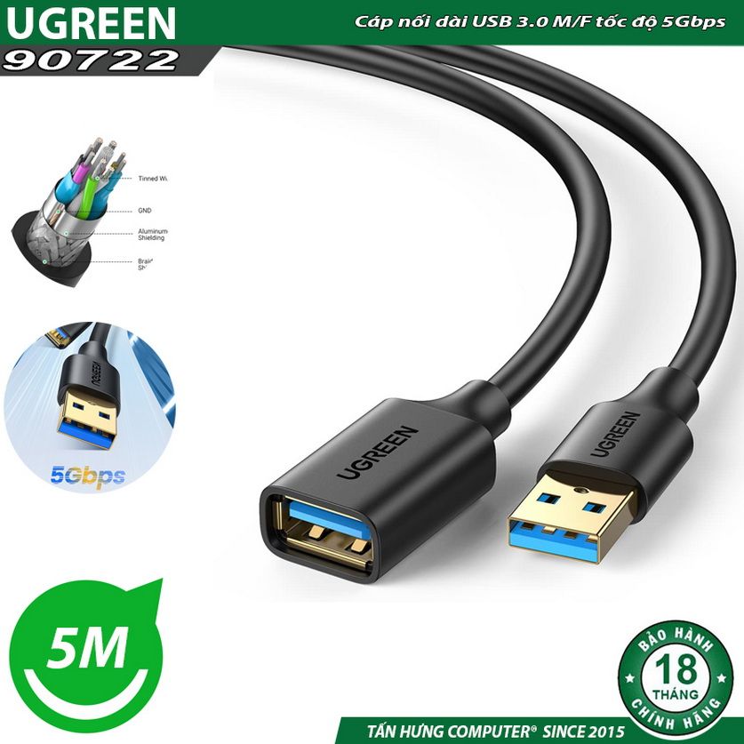 Cáp nối dài USB 3.0 Ugreen 90722 mạ vàng cao cấp dài 5m