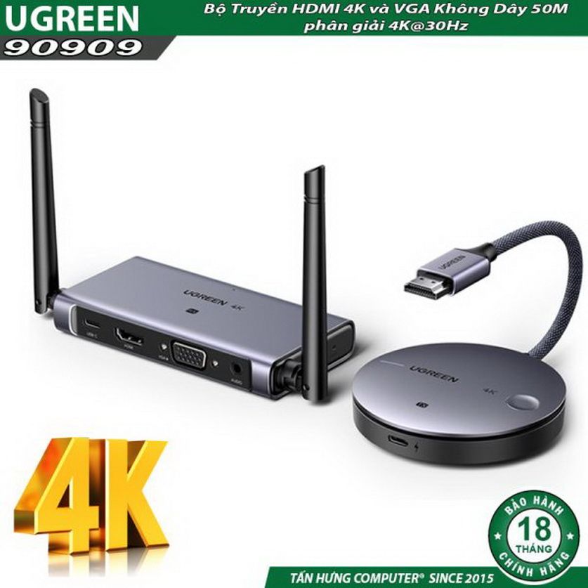 Bộ Truyền HDMI 4K và VGA Không Dây 50M Ugreen 90909, độ phân giải 4K@30Hz