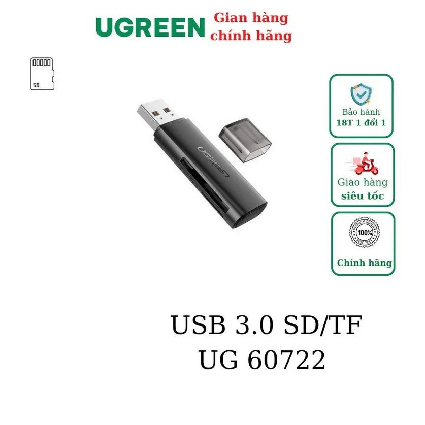 Đầu đọc thẻ nhớ Ugreen 60722 (hỗ trợ thẻ SD/TF, chuẩn USB 3.0)