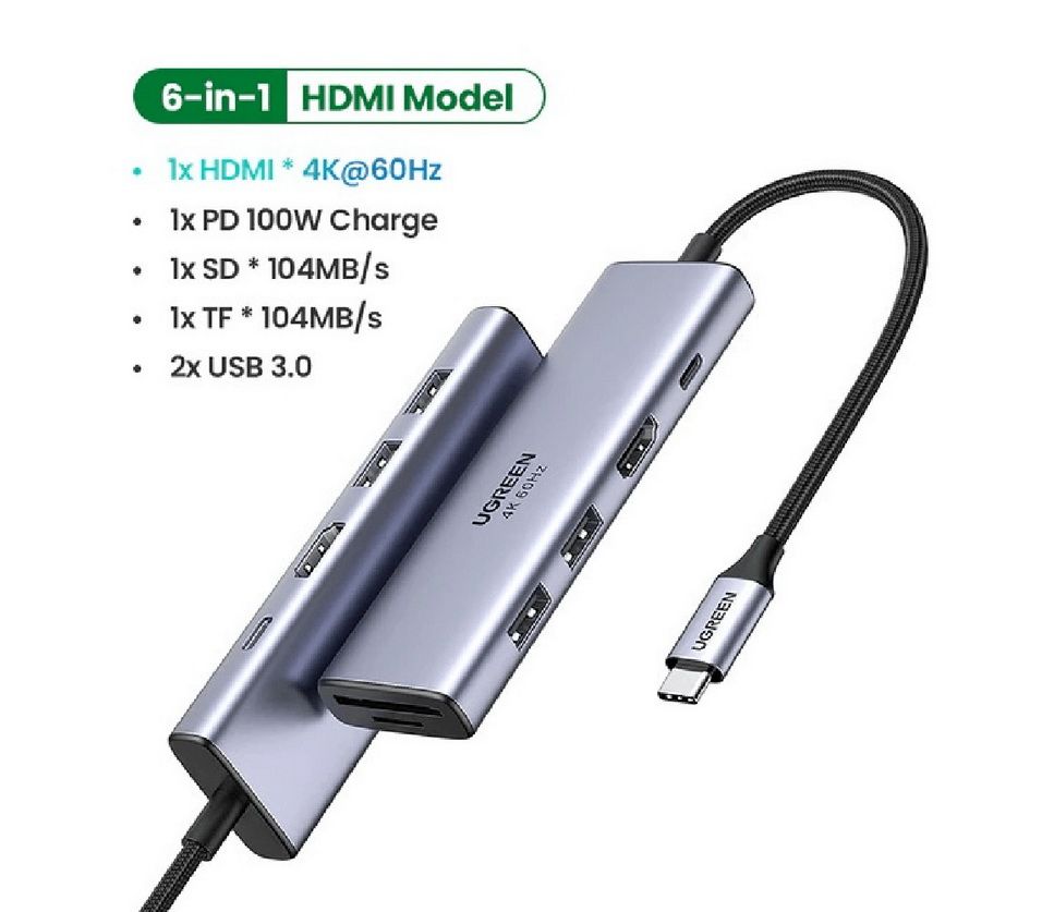 Thiết bị mở rộng 7 in 1 USB Type-C ra HDMI 4K@60hz/USB/LAN Gigabit/PD100W/SD/TF Ugreen 60515 cao cấp