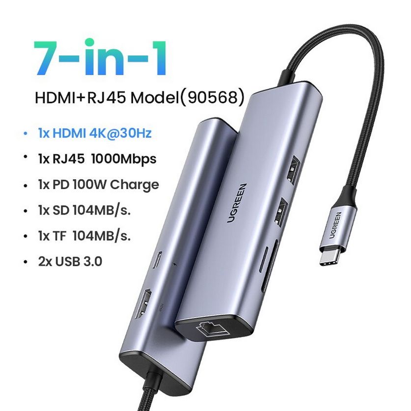 Hub type C ugreen 90568 4K30Hz USB type C to 2 * USB3.0 + HDMI + RJ45 + SD&TF + PD Converter