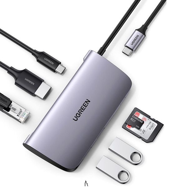 Bộ chuyển USB C 7 trong 1 Ugreen 50852, HDMI 4K + USB 3.0 + LAN 1Gbps + TF/SD + PD 100W